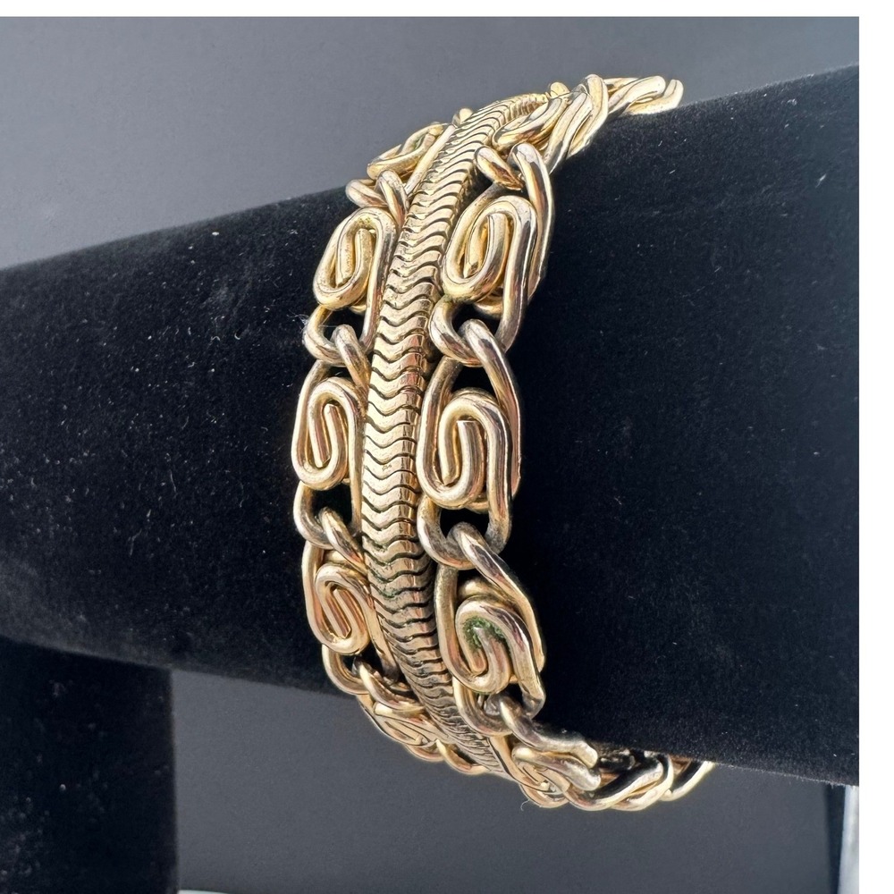 Vintage Scroll Chain Bracelet Gold Tone Triple Strand Snake Safety Chain
